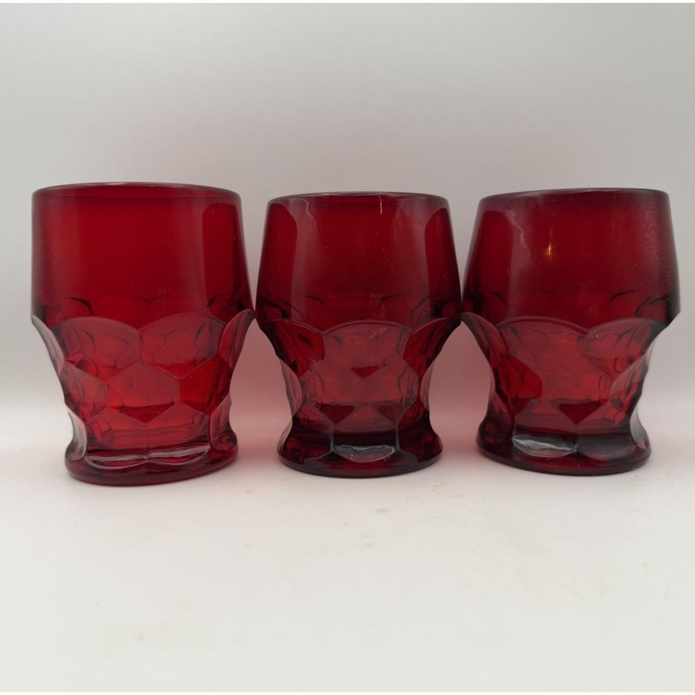 Vintage Ruby Red Georgian Honeycomb Pattern Tumblers Glasses Set of 3 4"